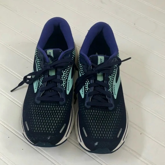 Brooks Ghost 14 Athletic Shoes Navy and Green Mesh Running Footwear - Picture 4 of 11